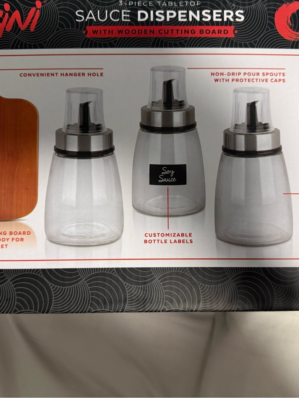 Parini set of Three Sauce Dispensers and wooden cutting board!! NWB - Picture 6 of 9